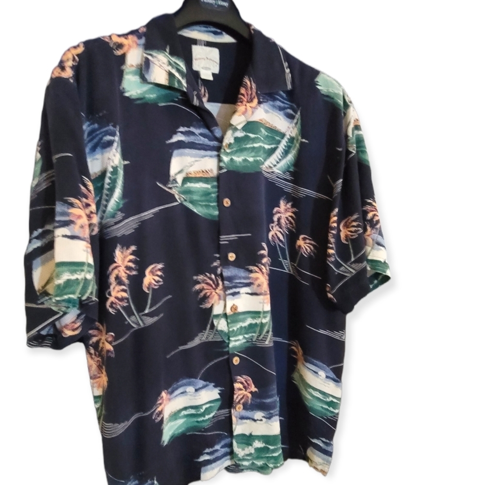 TOMMY BAHAMA Hawaiian Short Sleeve Aloha Palm Sailing Silk Camp Shirt Large